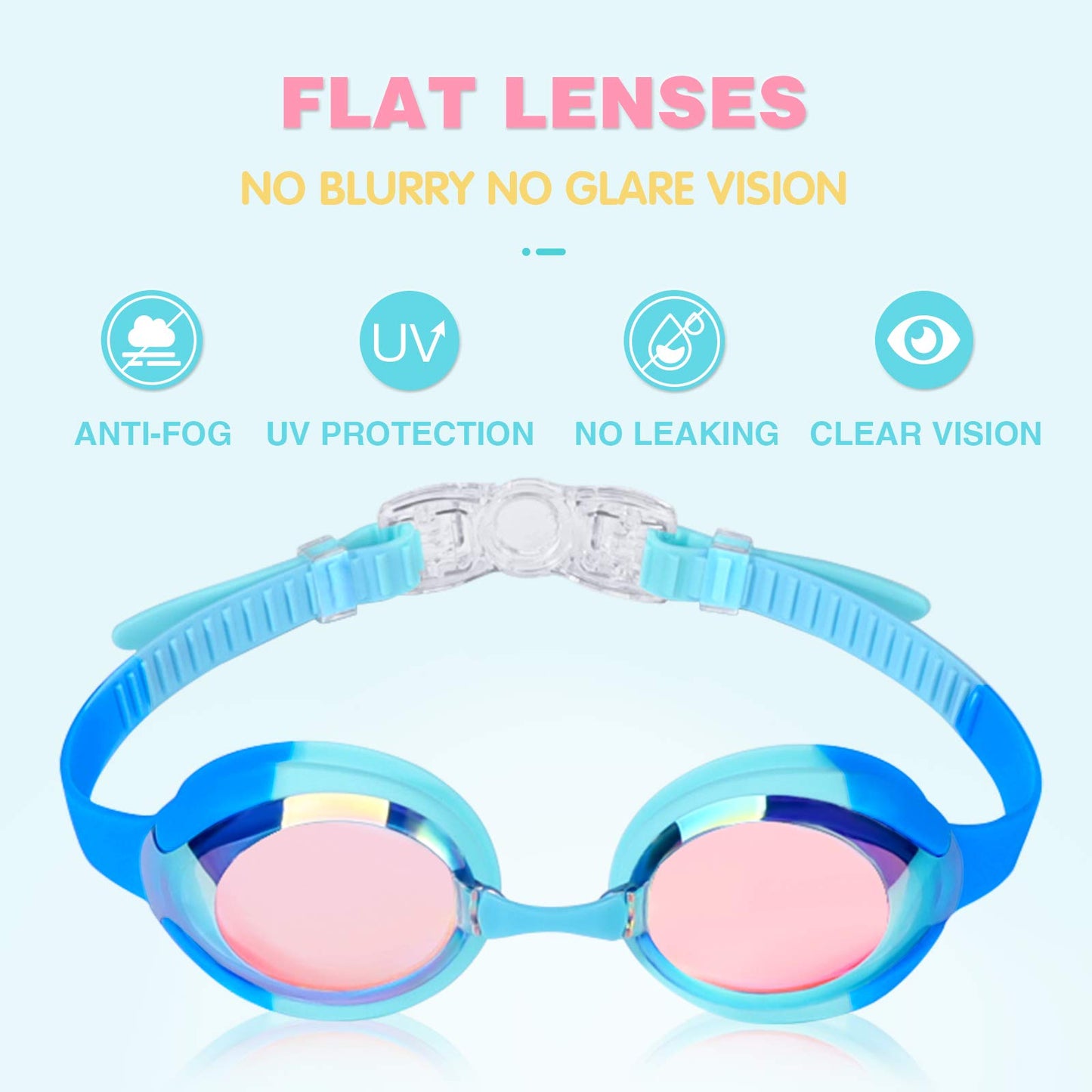 Keary 2 Pack Kids Swim Goggles Swimming Goggles for Toddler Children Girls Boys Youth, Anti-Fog Waterproof Anti-UV Clear Vision Mirror Flat Lens Water Pool Goggles with 3 Nose Pieces, Kids Goggles