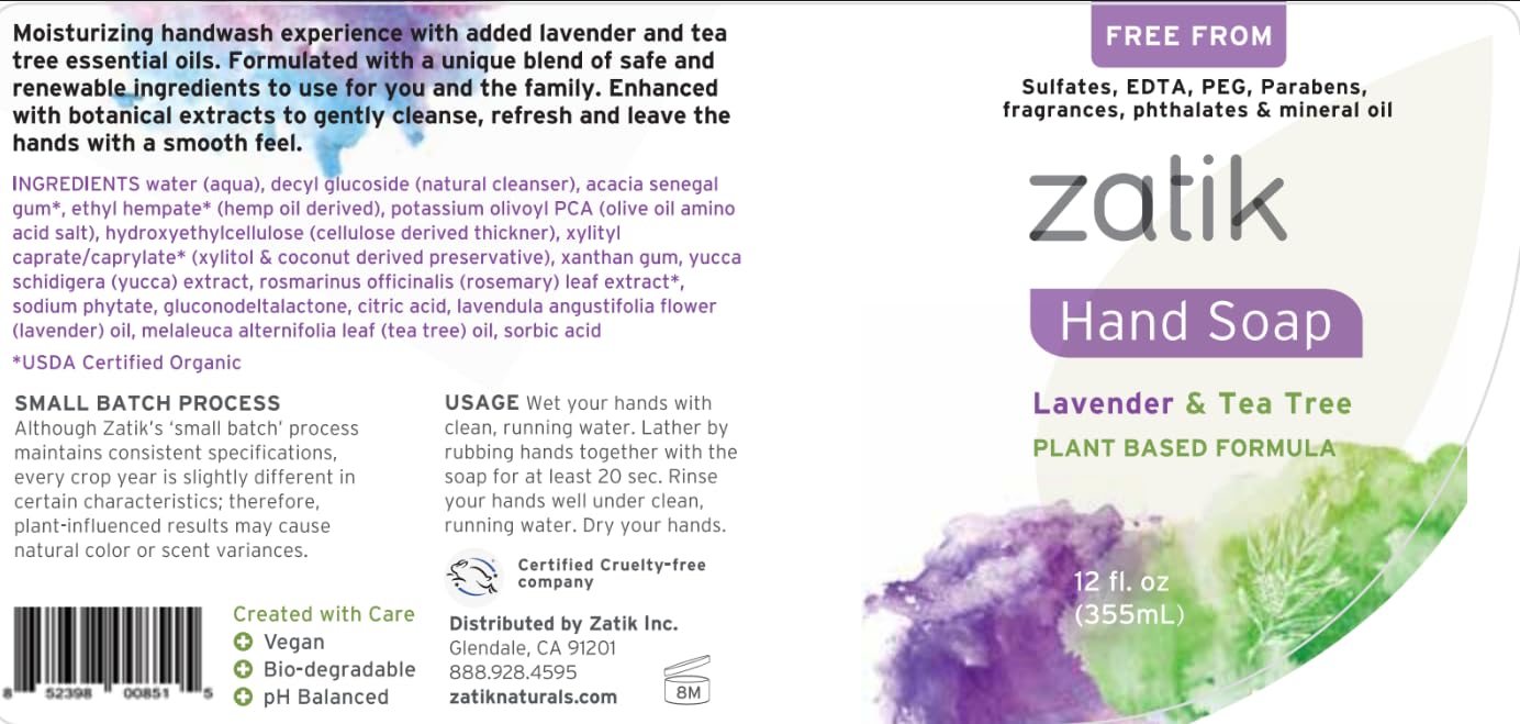 Zatik Naturals - Liquid Hand Soap with Lavender & Tea Tree, Moisturizing Handwash - 12 fl oz (Pack of 6)