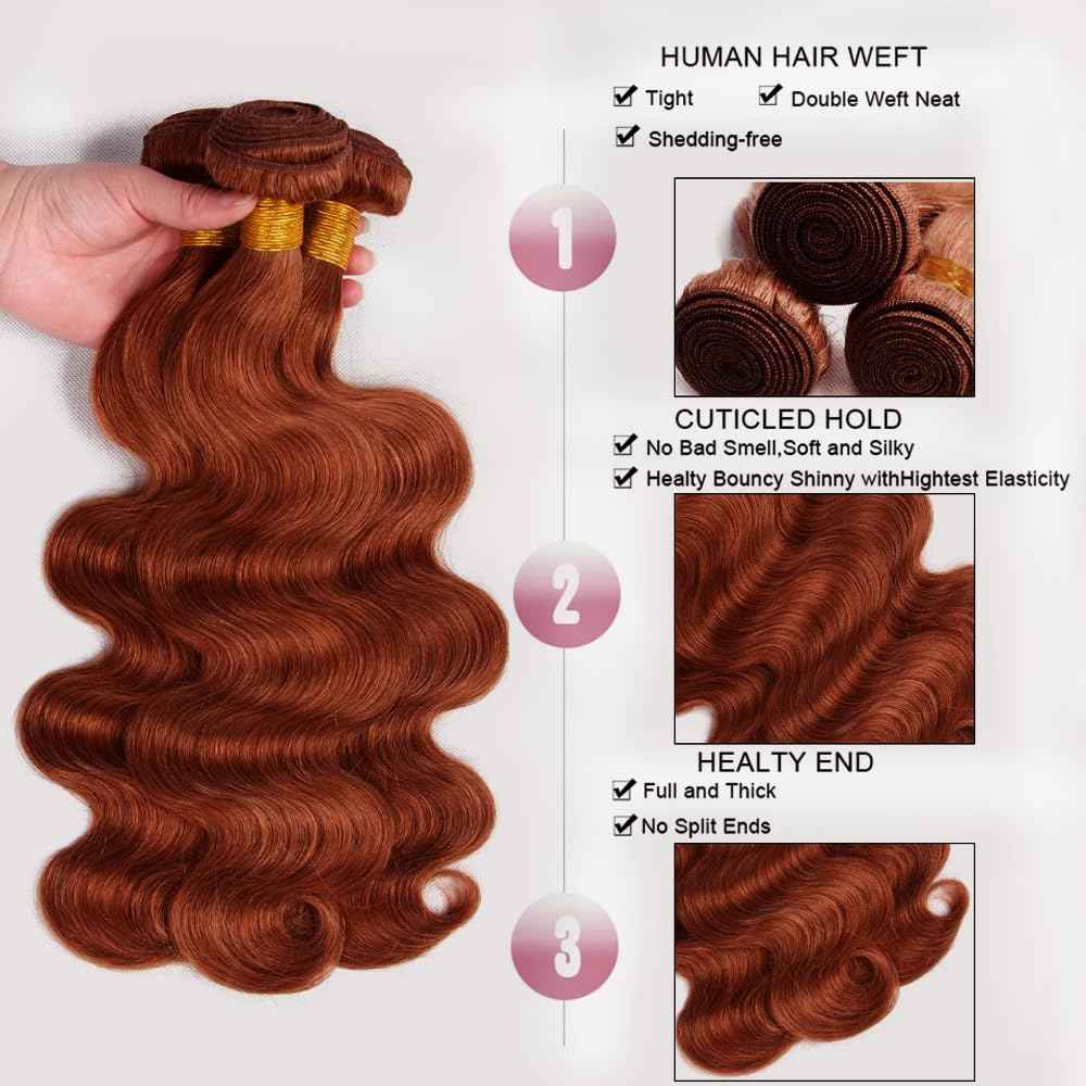 Color 33 Bundles Human Hair Auburn Body Wave Bundle Huxowax Virgin Soft And Silky Remy Hair 3 Bundles 16 18 20 Inch Double Weft Reddish Brown Body Wave Bundle Hair Weave 150g