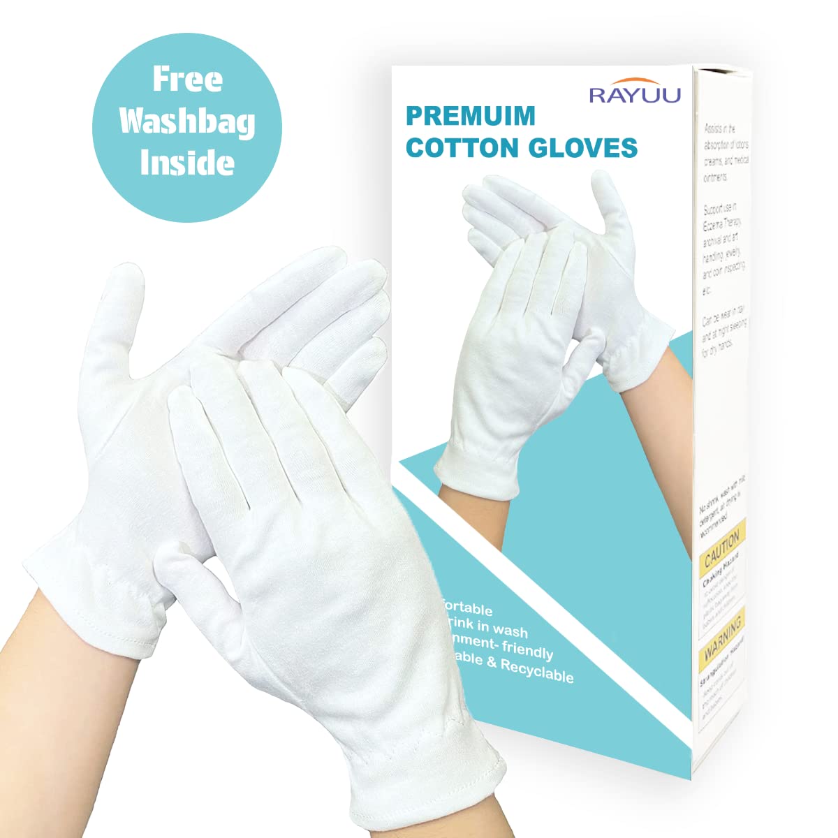 Rayuu Moisturizing Cotton Glove for Dry Hand Treatment, Nighttime Sleeping Gloves for Eczema, Dry Sensitive Irritated Skin, Hands SPA, Lightweight, Durable and Reusable, Mitten (M - 7 Pairs)