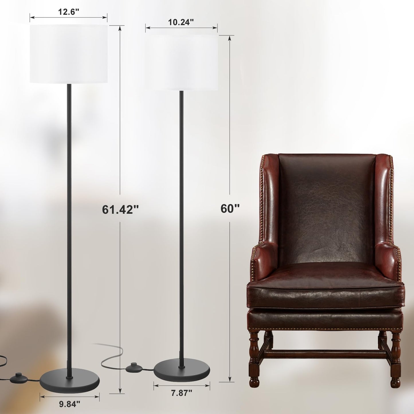 Ambimall 61'' Modern Floor Lamp with Shade, Tall Lamps for Living Room, Bedroom, Office, Dining Room, White Shade with Black Pole(Without Bulb)