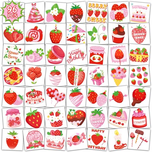 Konsait Strawberry Tattoos, 96Pcs Berry Sweet Strawberry Shortcake Birthday Party Decorations Tattoos, Strawberry Party Decorations & Strawberry Goodie Bag Stuffers, 48 Design