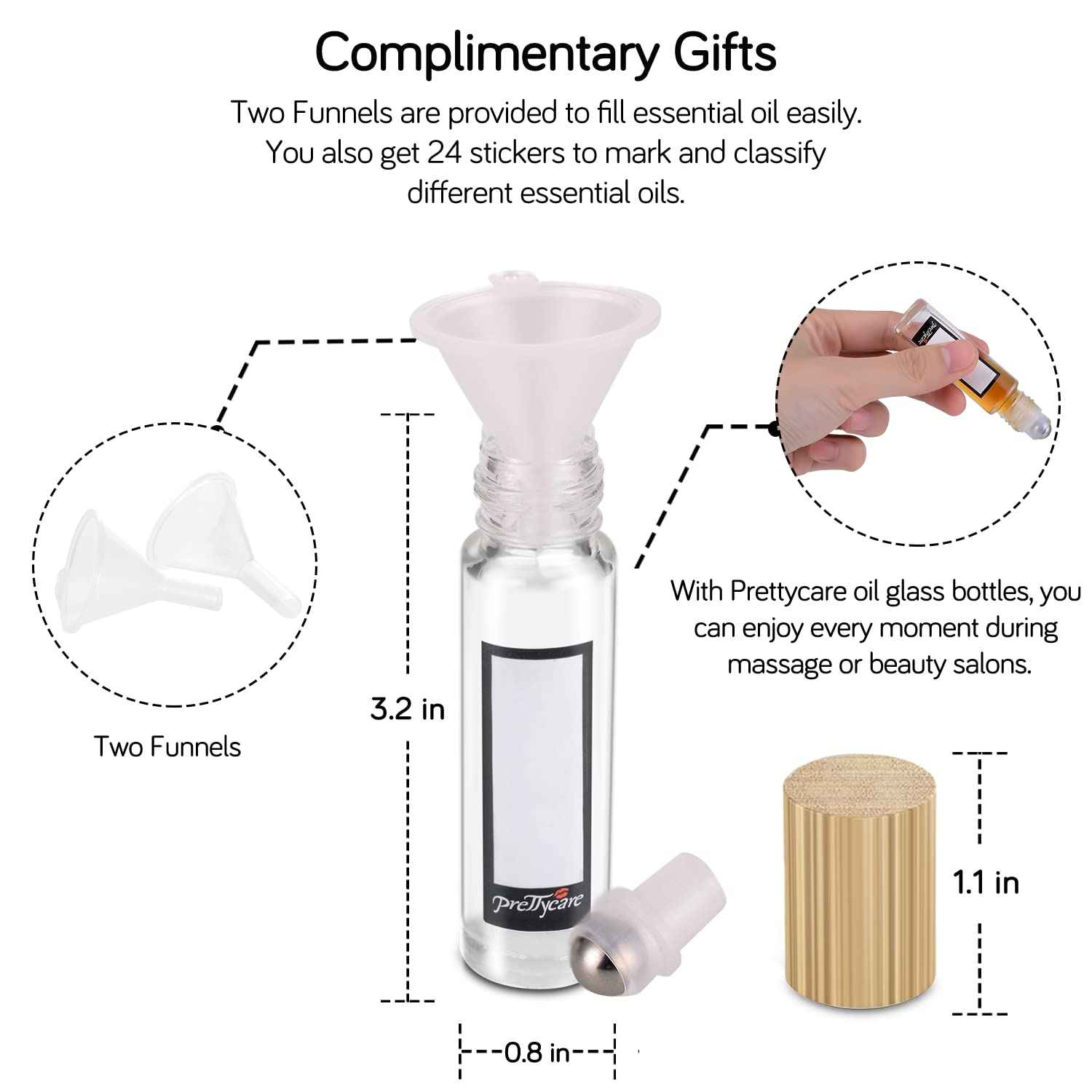 PrettyCare Essential Oil Roller Bottles 10ml (24 Pack Clear Glass Bottle with Bamboo Lid, 4 Extra Roller Balls，48 Labels, 2 Openers, 2 Funnels, 4 Droppers, Roller Balls For Essential Oils