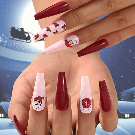 Uranian Coffin Extra Long Press on Nails Snowflake Red Christmas Fake Nails Elk Ballerina Glossy Full Cover False Nails Santa Claus Acrylic Nails Tips for Women and Girls 30 PCS (Pattern-E)