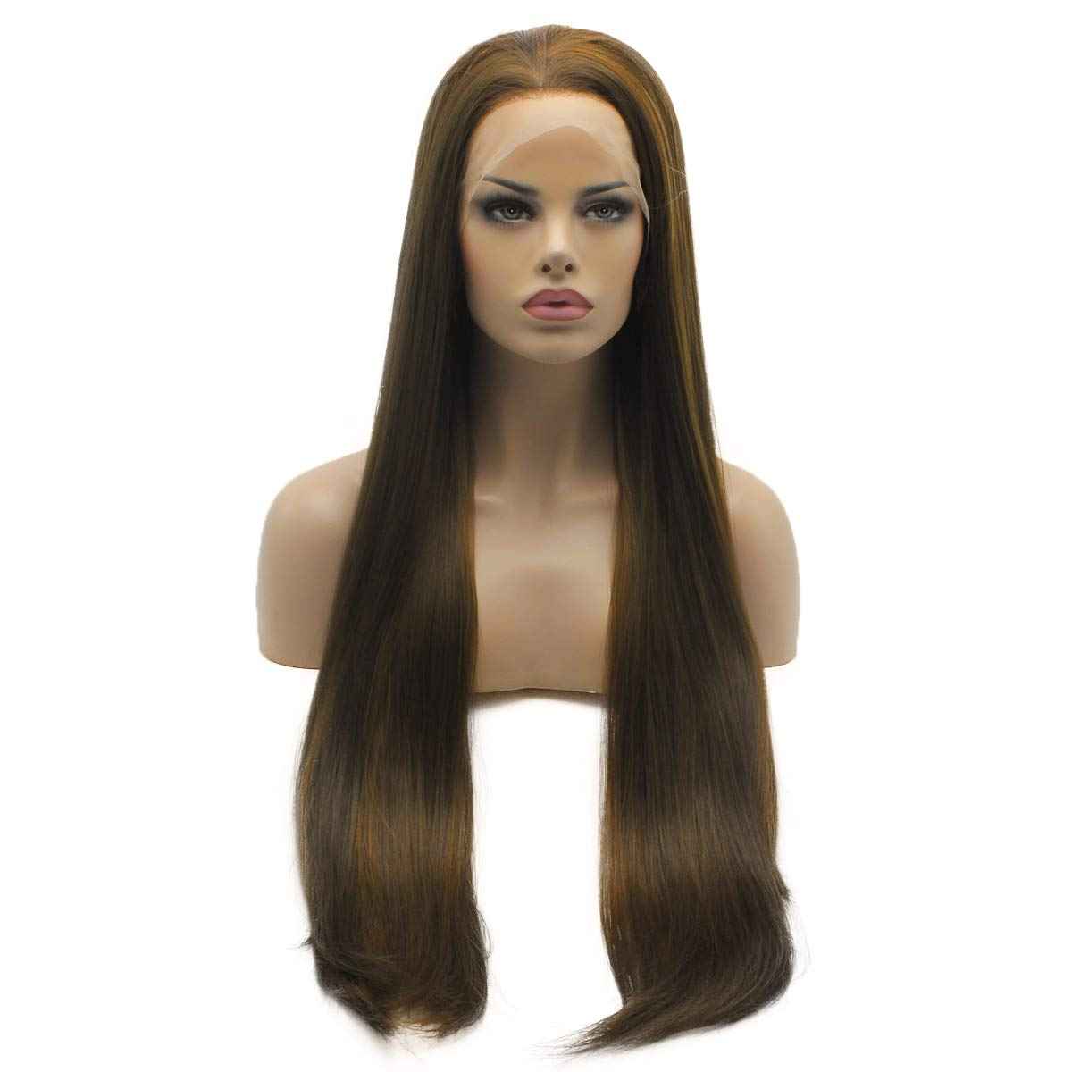 Lushy Straight Extra Long 28inch Silky Brown Honey Blonde Mix Heat Resistant Heavy Density Synthetic Lace Front Wig