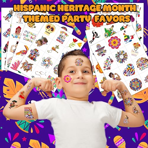 96 PCS Hispanic Heritange Month Pre-Cut Birthday Party Decorations Favors Supplies Temporary Tattoos Decor Latin American Spanish Stickers For Boys Girls Gift School Prizes Rewards