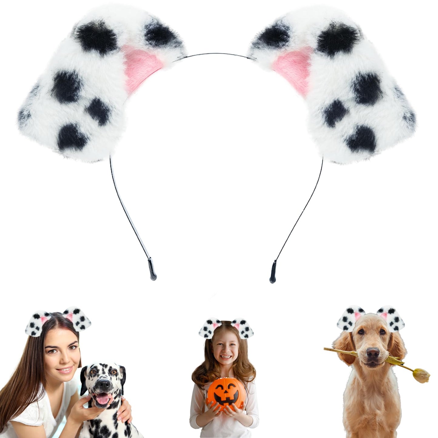 Beviliu Animals Ears Headband Realistic Dalmatian Dog Ears Headband Fluffy Cat Ears Bunny Ears Halloween Christmas Costume for Washing Makeup Cosplay Party