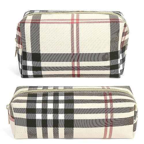 MAANGE Small Makeup Bag for Purse, 2 PCS Cosmetic Bag for Women Travel Makeup Pouch Leather Make up Bag Portable Zipper Pouch Brushes Bag - khaki plaid