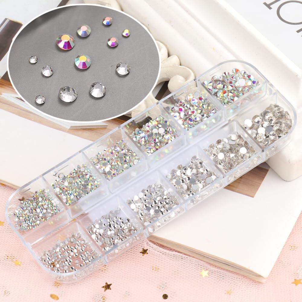 Nail Rhinestones and Pearls Nail Charms Kit, Multi Sizes Clear & AB Crystals Nail Rhinestones Gems, Flat Back White & White AB Pearls with Pickup Pencil and Tweezers