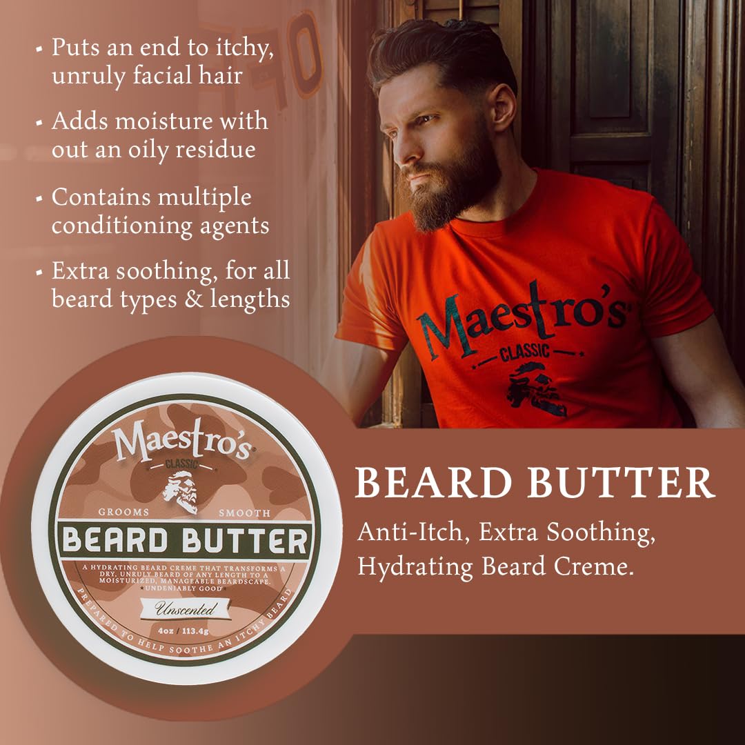 Maestro’s Classic BEARD BUTTER | Anti-Itch, Extra Soothing, Hydrating Beard Creme For All Beard Types & Lengths- Unscented, 4 Ounce