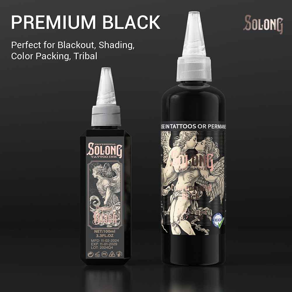Tattoo Ink,Solong S Series 3.4oz(100ml) Professional Black Tattoo Ink for Outlining,Shading and Blending-Premium Black Tattoo Supplies,TI303S-100-031