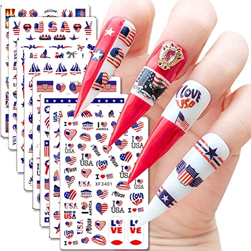 Independence Nail Art Sticker - 8 Sheets 4th July Nail Stickers 3D Self Adhesive Nail Art Decoration Red Blue Flag Eagle Heart Lip Nail Design for Acrylic Nail