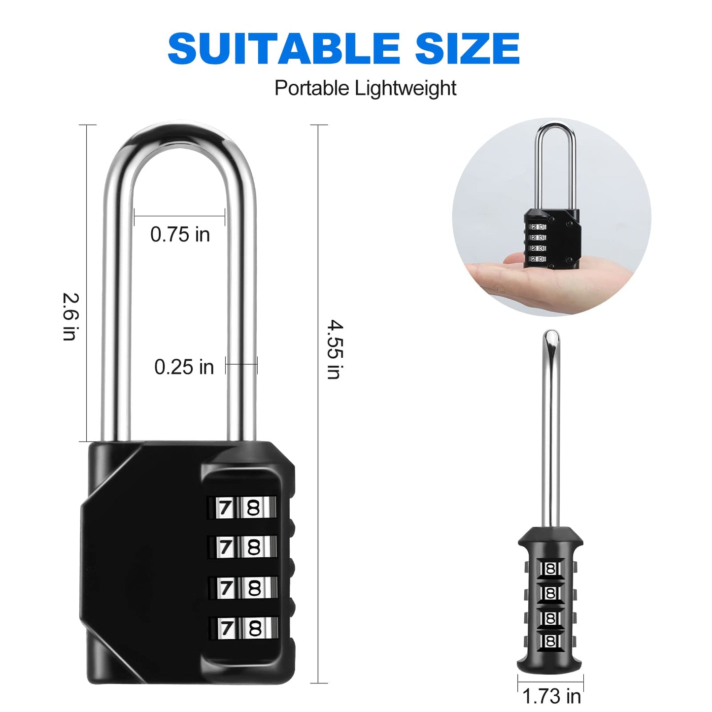 Combination Lock, 4 Digit Combination Padlock for School Gym Sports Locker, Fence, Toolbox, Case, Hasp Cabinet Storage (Long Shackle, 2 Pack, Black)