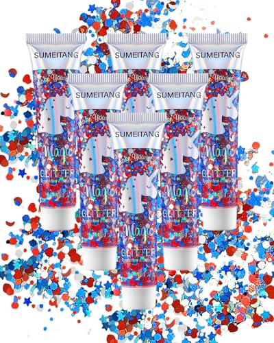 6-Piece Red White Blue Glitter Gel Set for Face & Body