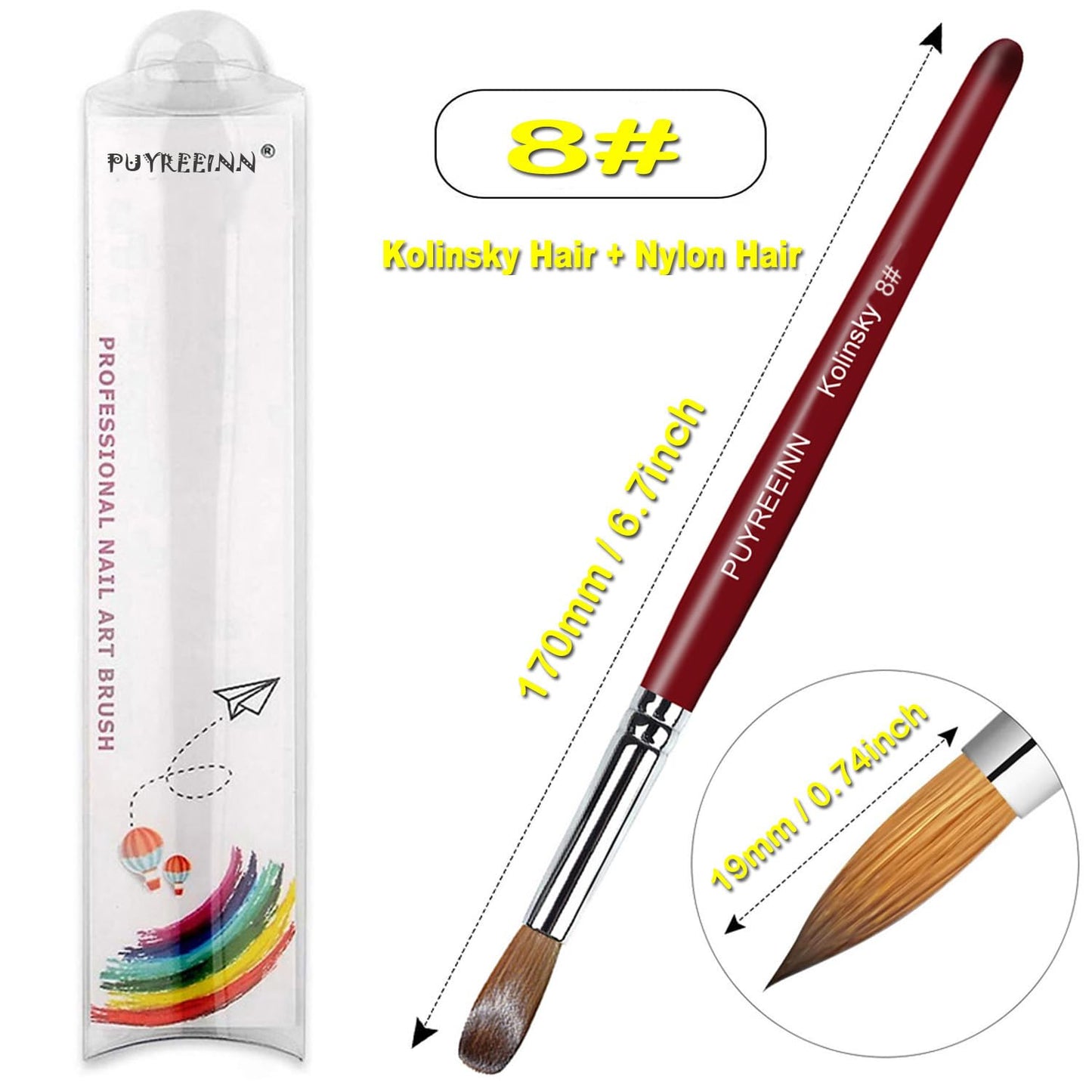 PUYREEINN Acrylic Nail Brush with Kolinsky Sable Hair and Red Wooden Hand, Round Professional Gel Brush for Acrylic Power and Nail Extension Size 8,10,12 (Size8 and Size12)