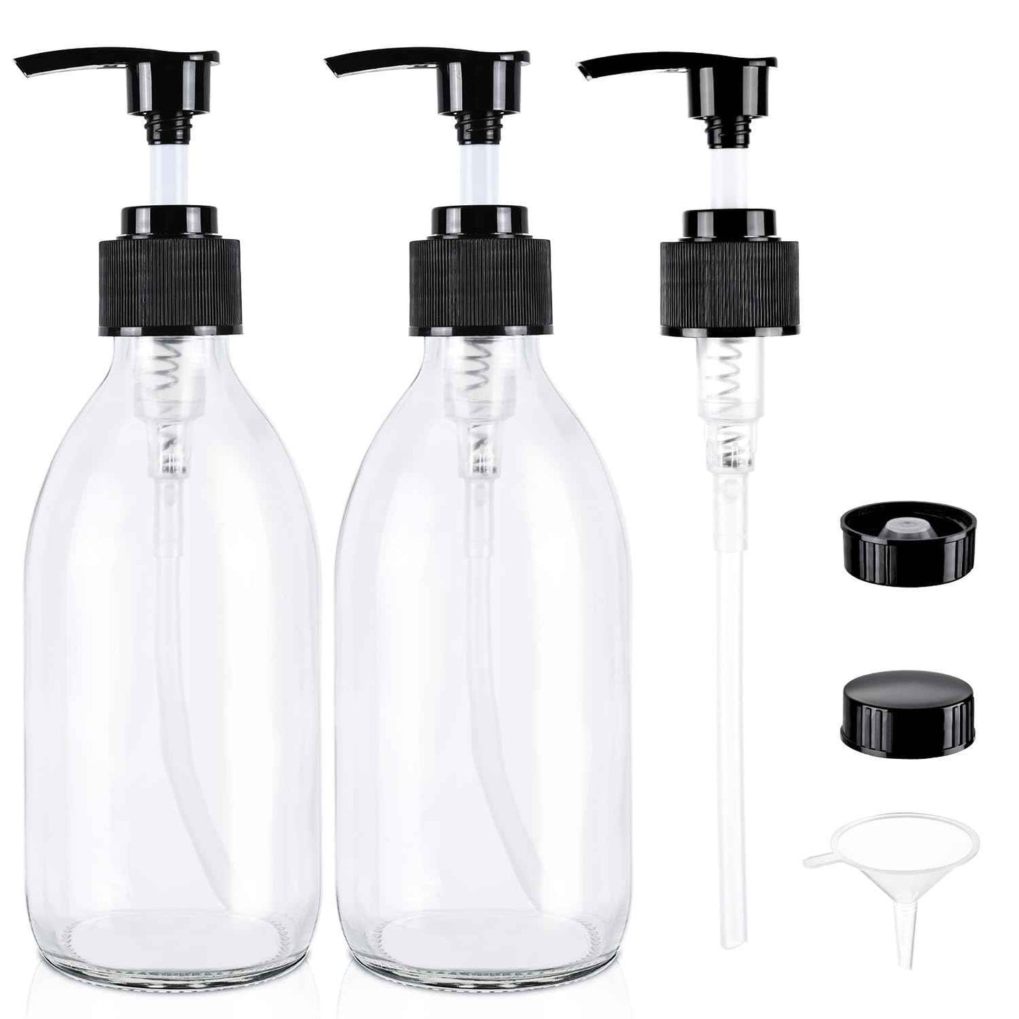 Glass Pump Bottle Dispenser 10.8 oz，Homepicker Lotion Bottle with Pump for Body Oil，300ml Glass Bottles with 1 Extra Pump Tops, Black Caps, Labels - 2 Pack