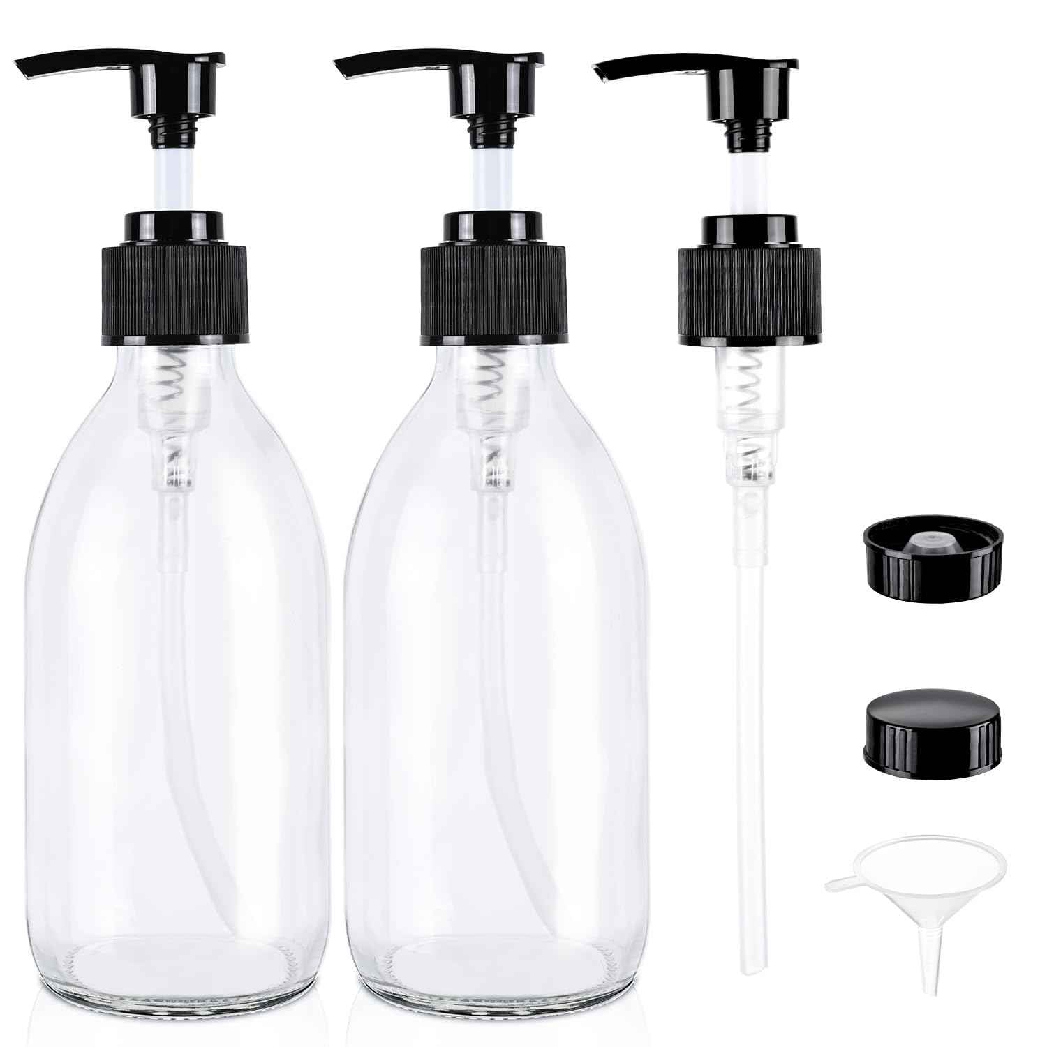 Glass Pump Bottle Dispenser 10.8 oz，Homepicker Lotion Bottle with Pump for Body Oil，300ml Glass Bottles with 1 Extra Pump Tops, Black Caps, Labels - 2 Pack