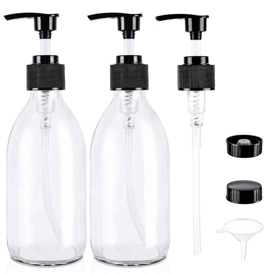 Glass Pump Bottle Dispenser 10.8 oz，Homepicker Lotion Bottle with Pump for Body Oil，300ml Glass Bottles with 1 Extra Pump Tops, Black Caps, Labels - 2 Pack