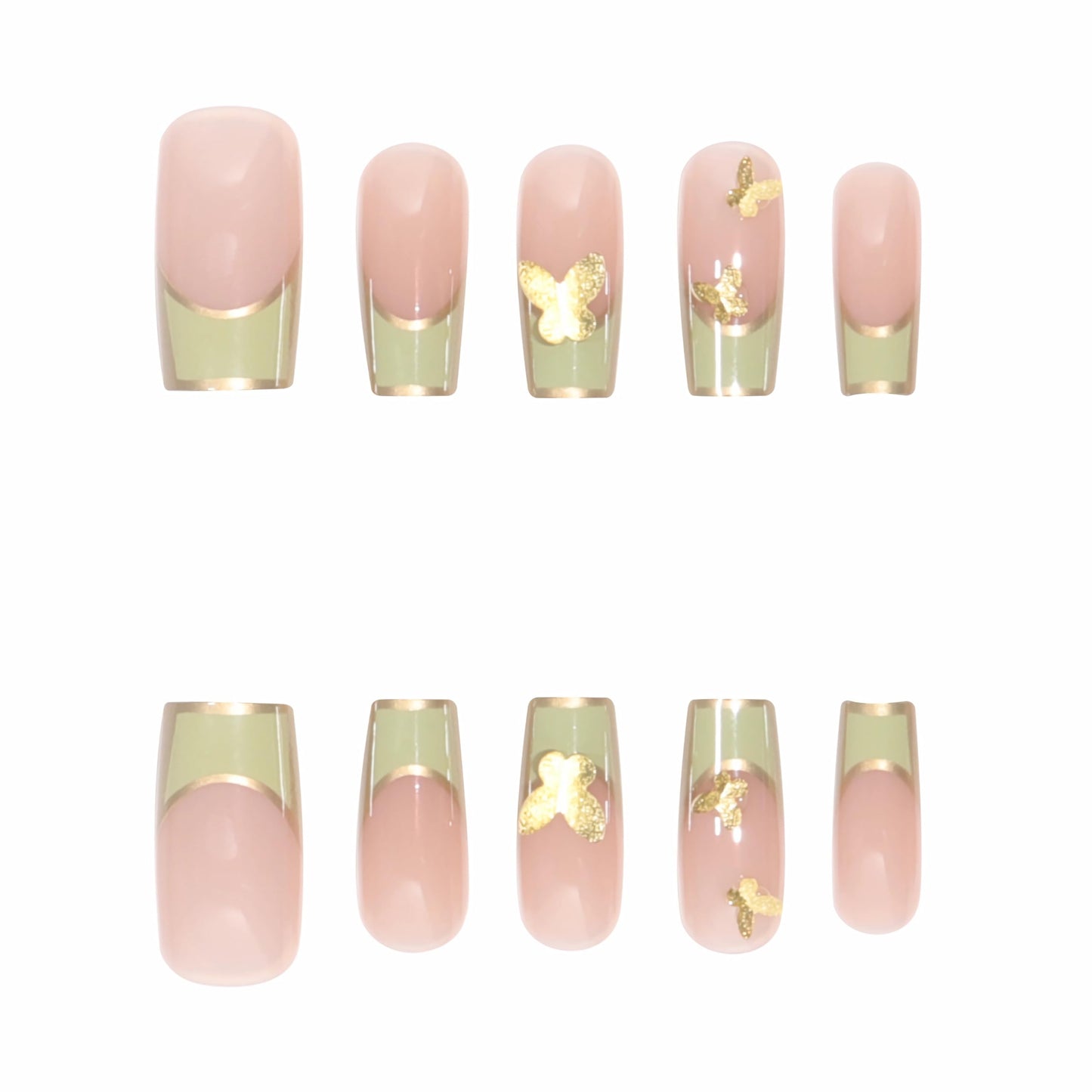 BABALAL French Tip Press on Nails Long Square Fake Nails Green Glue on Nails Golden Chrome Design 3d Butterfly Charm Acrylic Nails 24Pcs Squoval Manicure False Nails