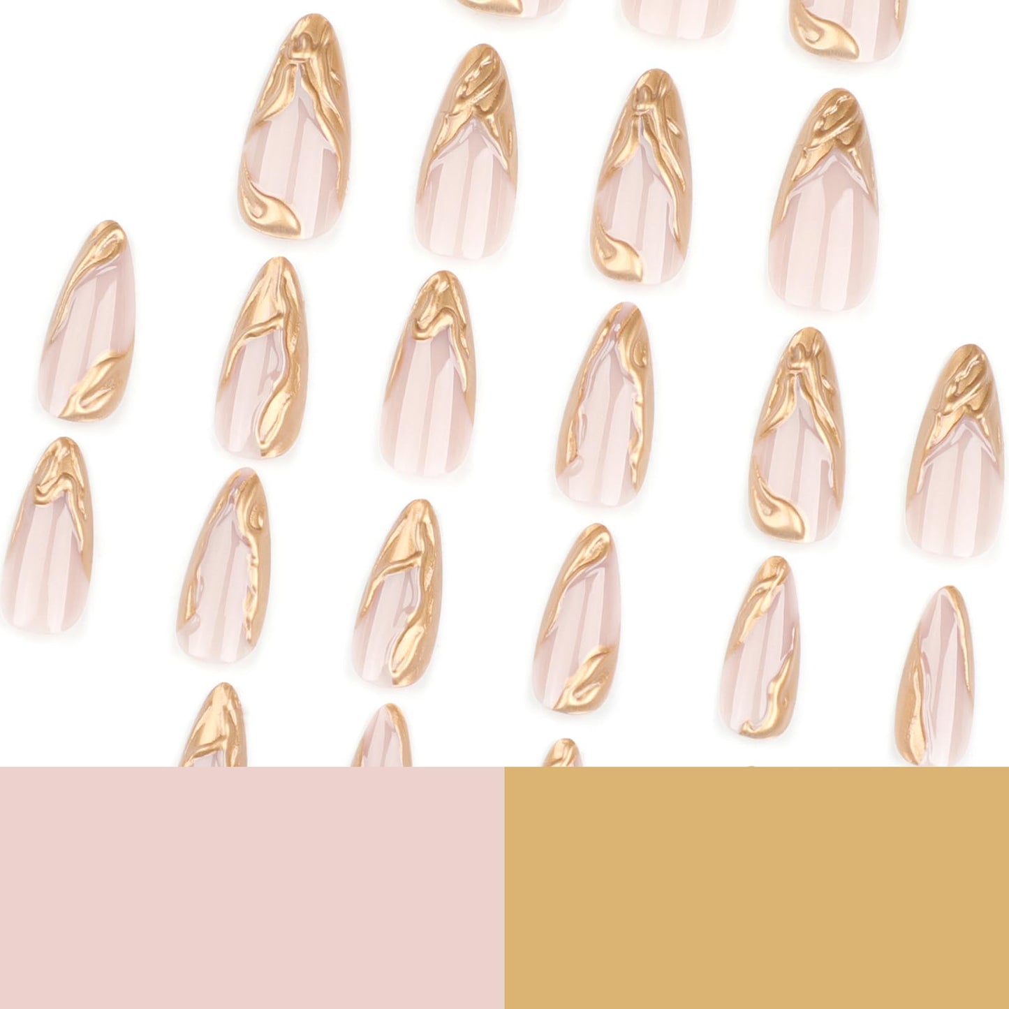 24Pcs Gold Press on Nails French Fake Nails Medium Almond False Nails with Wave Design Shiny Acrylic Nails Stick on Nails for Women Girls Reusable Artificial Nails Full Cover Glossy False Nails