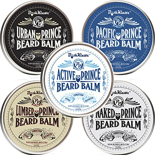 BushKlawz Beard Balm and Leave-in Conditioner, 5 Full Size 2.0 oz Balms - Urban, Lumber, Pacific, Naked Prince Fragrance Free, Premium Line, Great Gift for Christmas, Father's Day