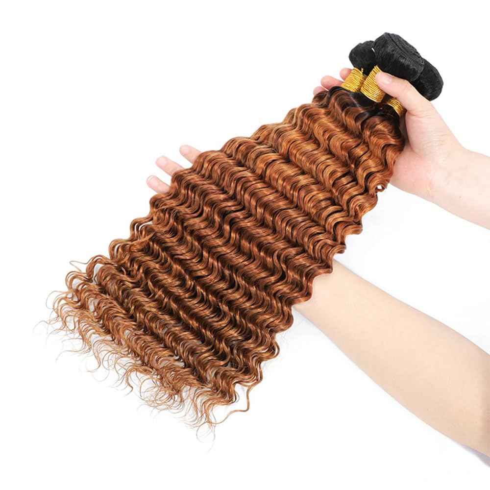 Ombre Human Hair Bundles Deep Wave Bundle 1B/30 Brown Bundles Human Hair 16 18 20 Inch Dark Brown Unprocessed Brazilian Remy Hair Extensions Salon Quality For Women Deals