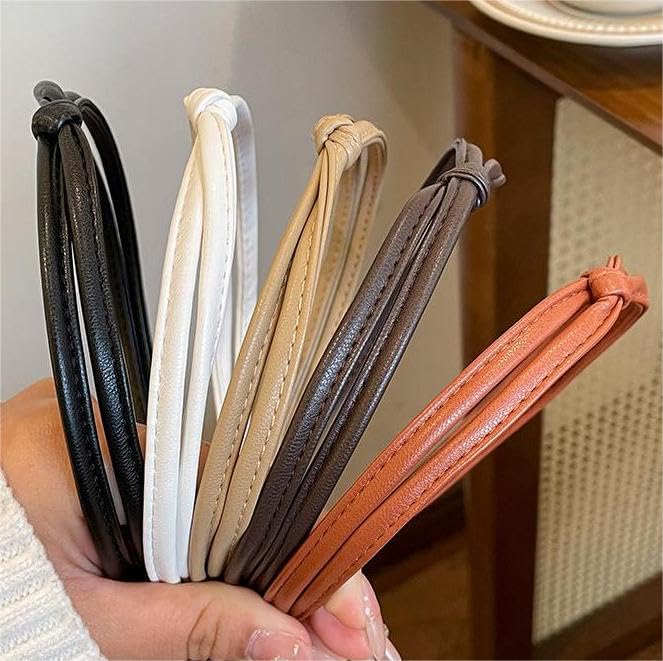 WOVOWOVO 5 Pcs Thin Leather Headbands for Women, Cute Knotted Head Bands for Women’s Hair Fashion Kont Headband Black Brown White Headbands for Girls Womens Hair Accessories