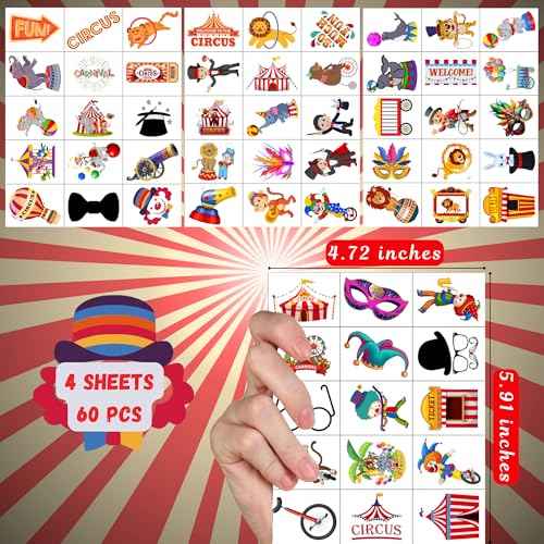 Circus Temporary Tattoos - Animal Clown Magical Circus Birthday Decorations Carnival Party Favors Supplies Gift Idea Holiday Festival For Boy Girls Carnival Party Decorations