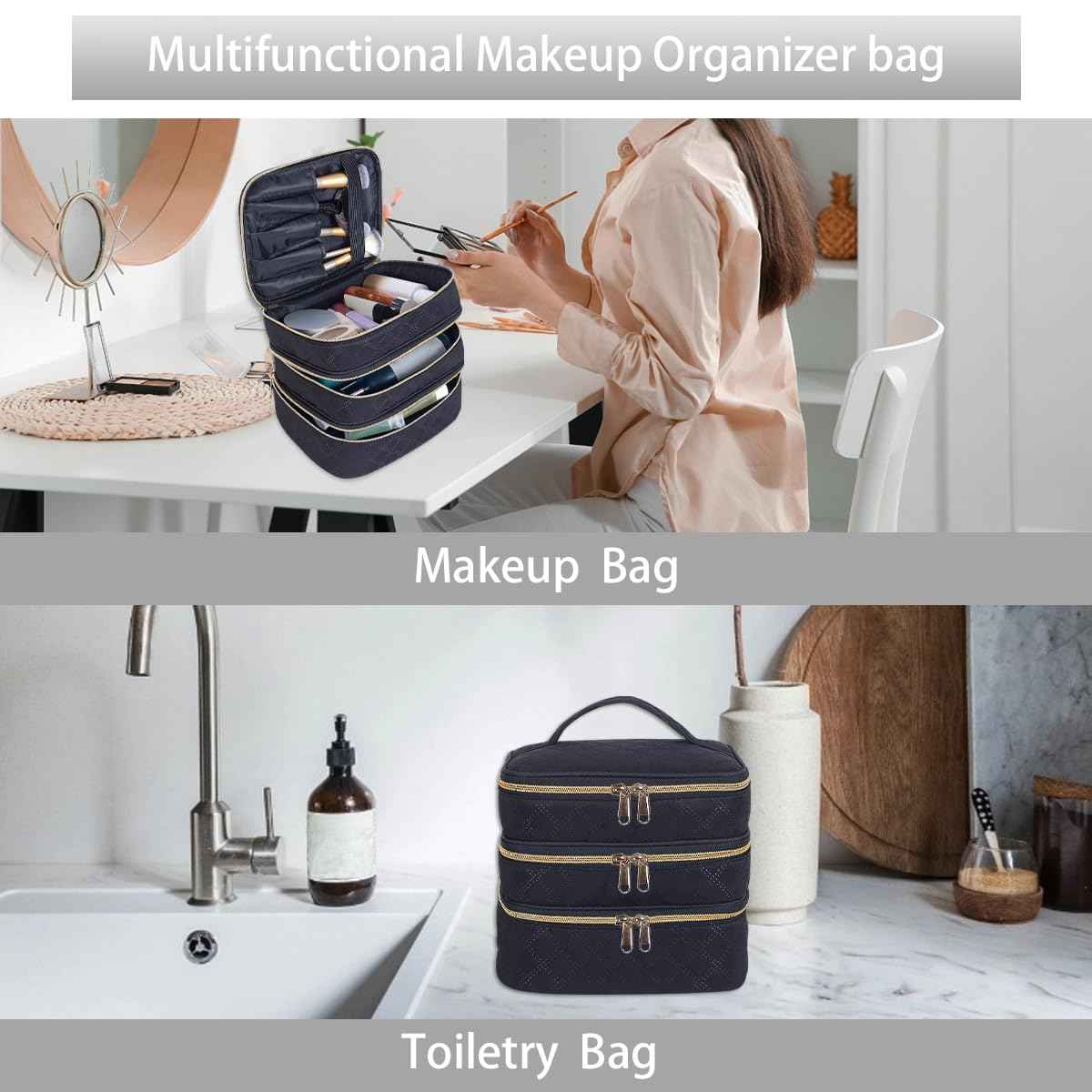 LANDFOBO Large Makeup Bag 3 Layers with Handle Travel Makeup Bag Organizer Toiletry Accessories Bottles, Brushes, and Skin Care Products (Black)