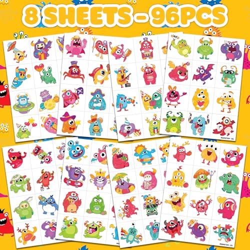 96 Pcs Cute Monster Temporary Tattoos for Kids Party