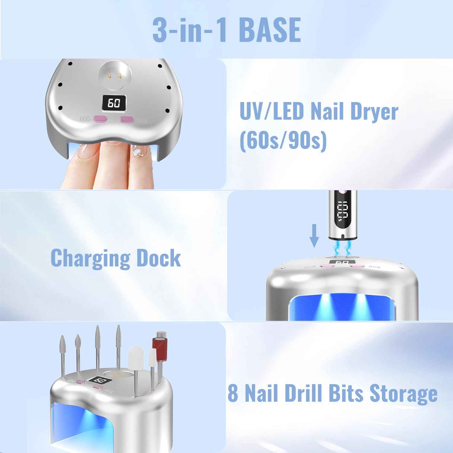 Denabuty Cordless Electric Nail Drill File: 35000RPM Professional Nail Drill Machine with UV LED Nail Lamp Charging Base, Manicure Pedicure Kit E File for Acrylic Gel Dip Powder Polish Silver