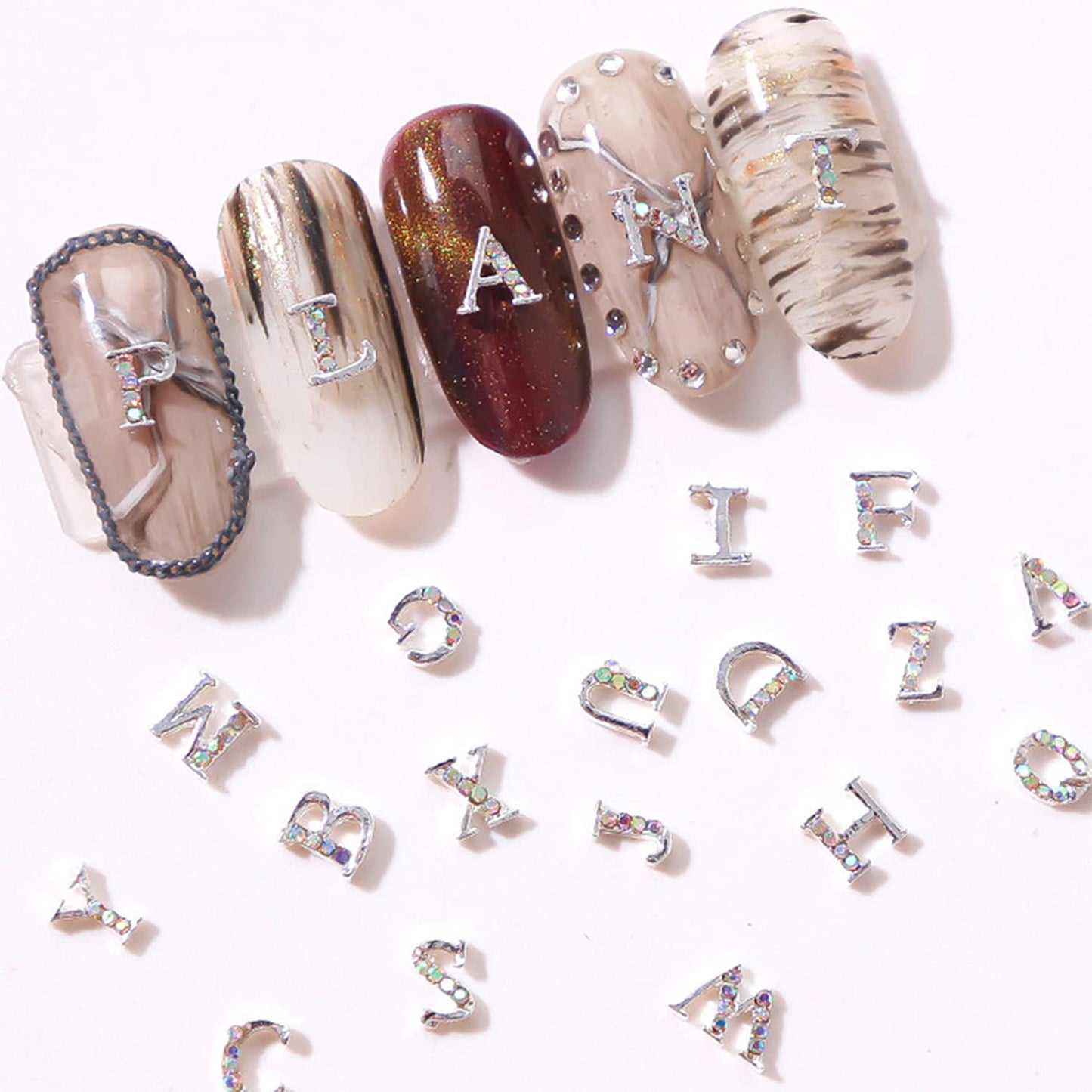 WOKOTO 52Pcs Silver 3d Letters Nail Charms Letters For Nails Accessories Nail Letters Charms Nails Art Letters Charms For Nails Rhinestone Letters Nail Charms For Nail Art 3d Nail Studs Diamonds Kit