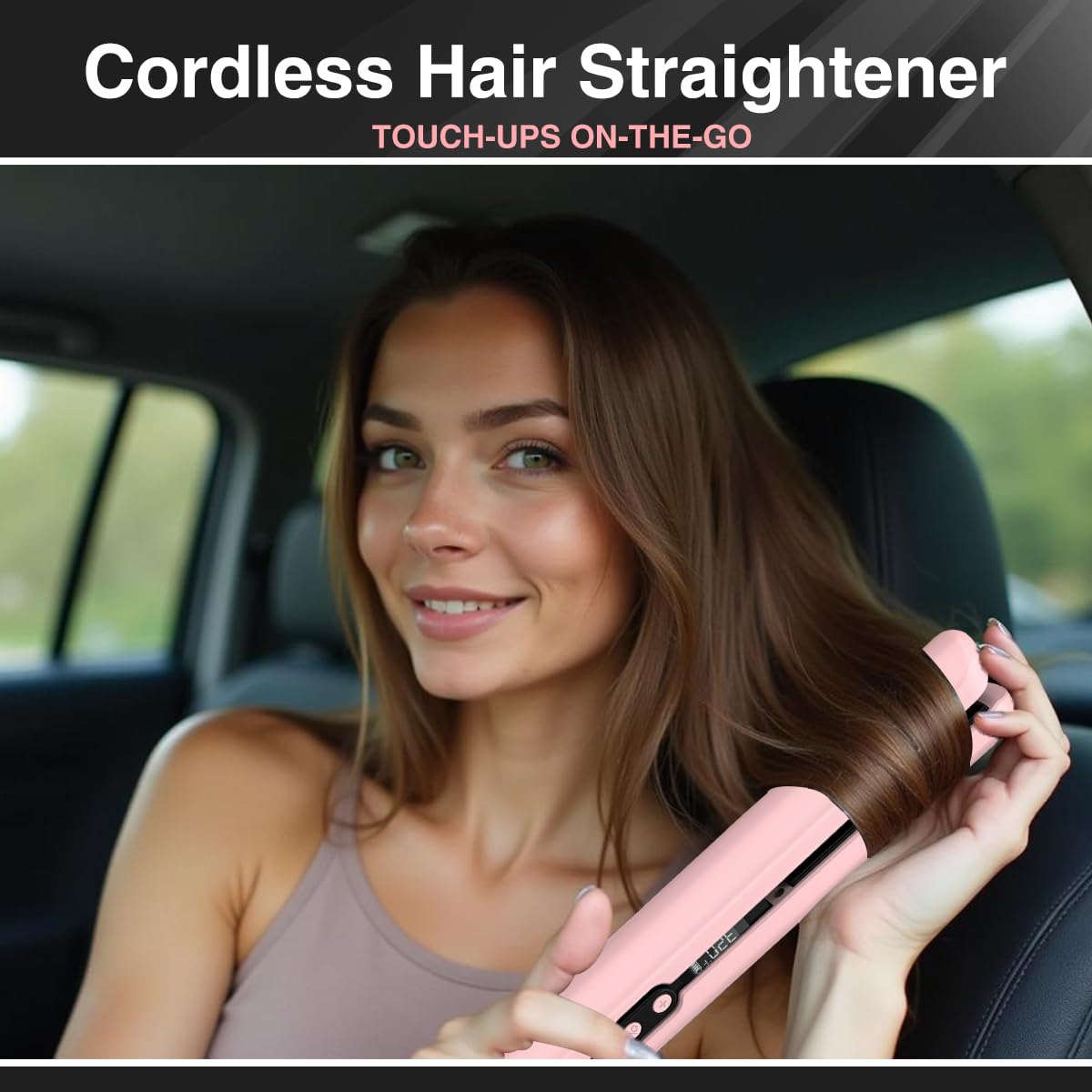 Cordless Hair Straightener for Women, Rechargeable Cordless Flat Iron with 9600mAh Battery, Portable Hair Straightener and Curler 2 in 1 for Car, 20 Million Negative Ions, LCD, 6 Adjustable Temp(Pink)