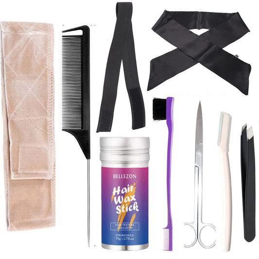 Wig Kit for Lace Front Wigs for Beginners 9PCs, Hair Wax Stick to Lay Hair, Lace Melting Elastic Band for Wigs, Eyebrow Razors, Tweezers, Edge Brush, Wig Grip Headband