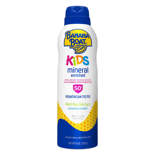 Banana Boat Kids Mineral Enriched, Won't Run Into Eyes, Reef Friendly, Broad Spectrum Sunscreen Spray, SPF 50, 6oz.