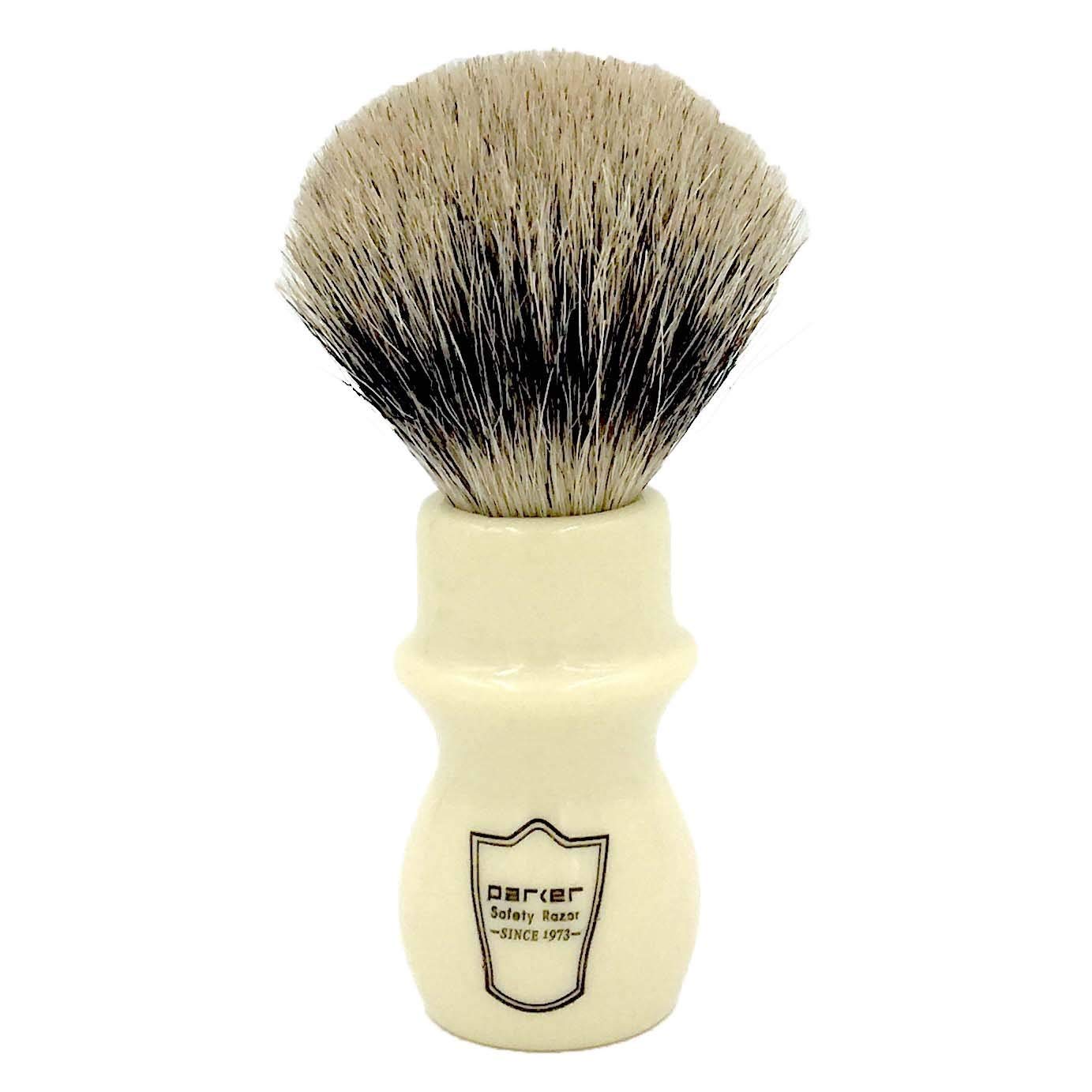 Parker Handmade Deluxe Mug Shaving Brush with Stand – 100% 3-Band Pure Badger Bristles –Extra Dense and Firm (Ivory)