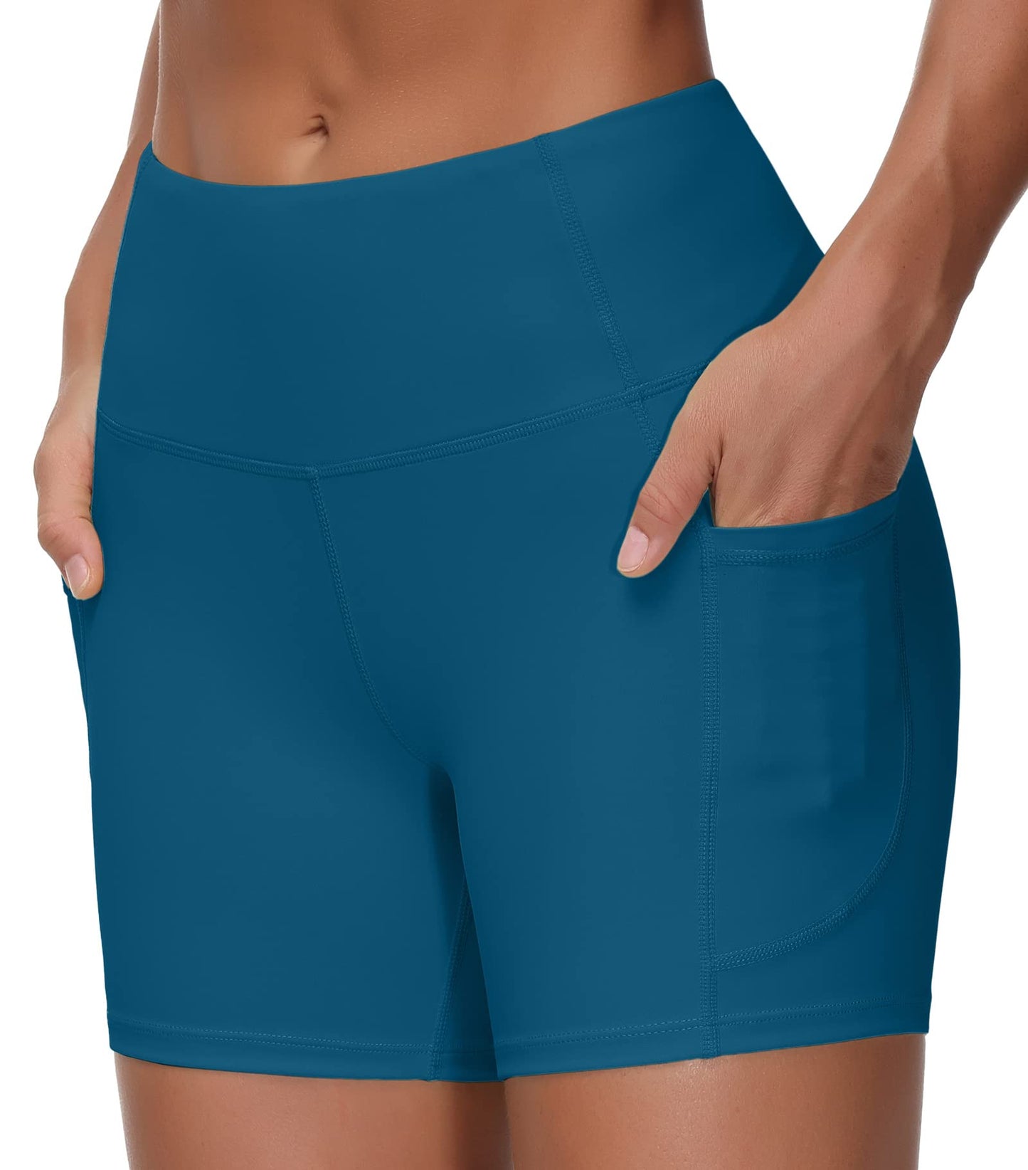 THE GYM PEOPLE High Waist Yoga Shorts for Women's Tummy Control Fitness Athletic Workout Running Shorts with Deep Pockets(Small, Dark Blue Green)