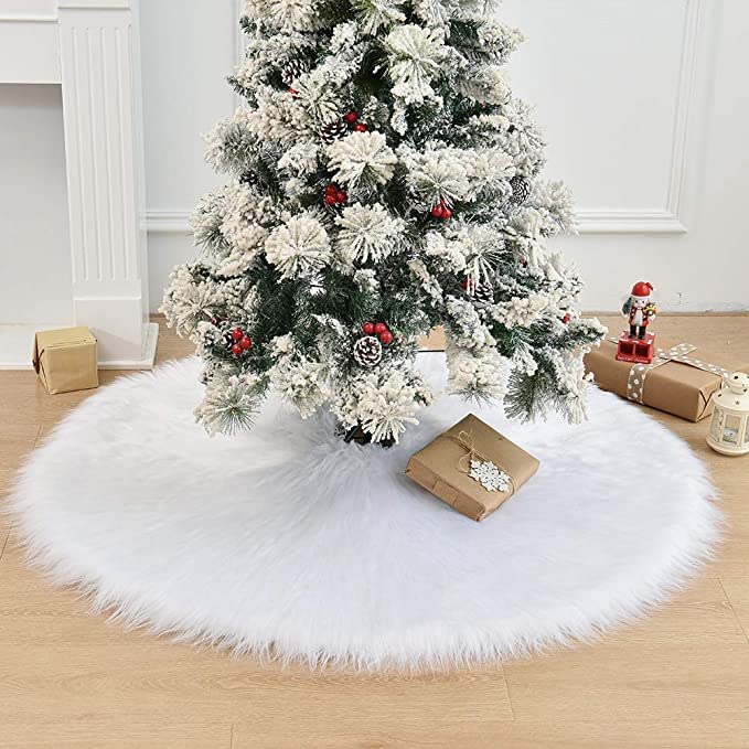 72 Inch Christmas Tree Skirt, Extra Large Thick Luxury Snowy Faux Fur Tree Skirt, White Plush Velvet for Merry Christmas Party Tree Decoration