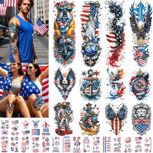 32 Patriotic Temporary Tattoos, Red White Blue USA Flag 4th July