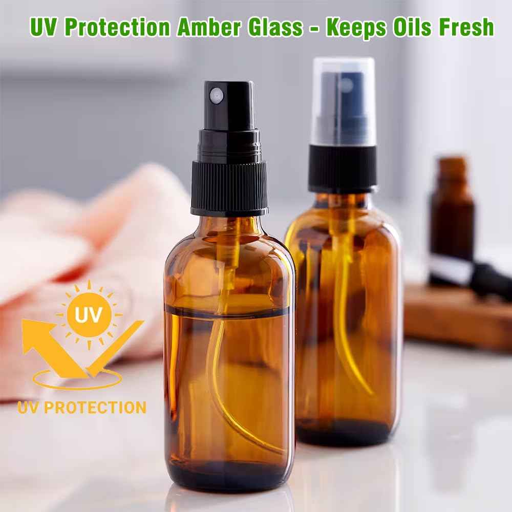 YUNFOOK 2oz Amber Glass Spray Bottles for Essential Oils, Hair, Skincare, Cleaning & Travel,2-Pack Small Empty Spray Bottle