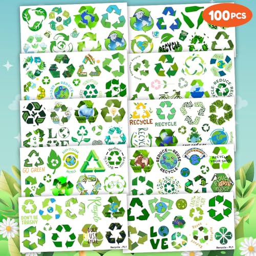 100 PCS Recycle Temporary Tattoos Sheets | Earth Theme Party Favors