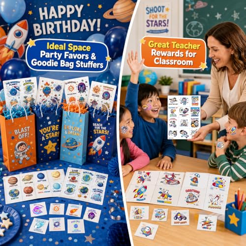 120 Pre-Cut Space Solar System Temporary Tattoos for Kids