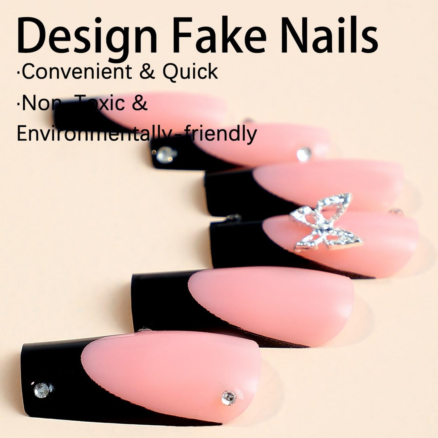 Black French Tip Press on Nails Long Square Fake Nails Full Cover Nude with Butterfly Charm False Nails with Butterfly Rhinestones Design Artificail Nails Acrylic Glue on Nails for Women