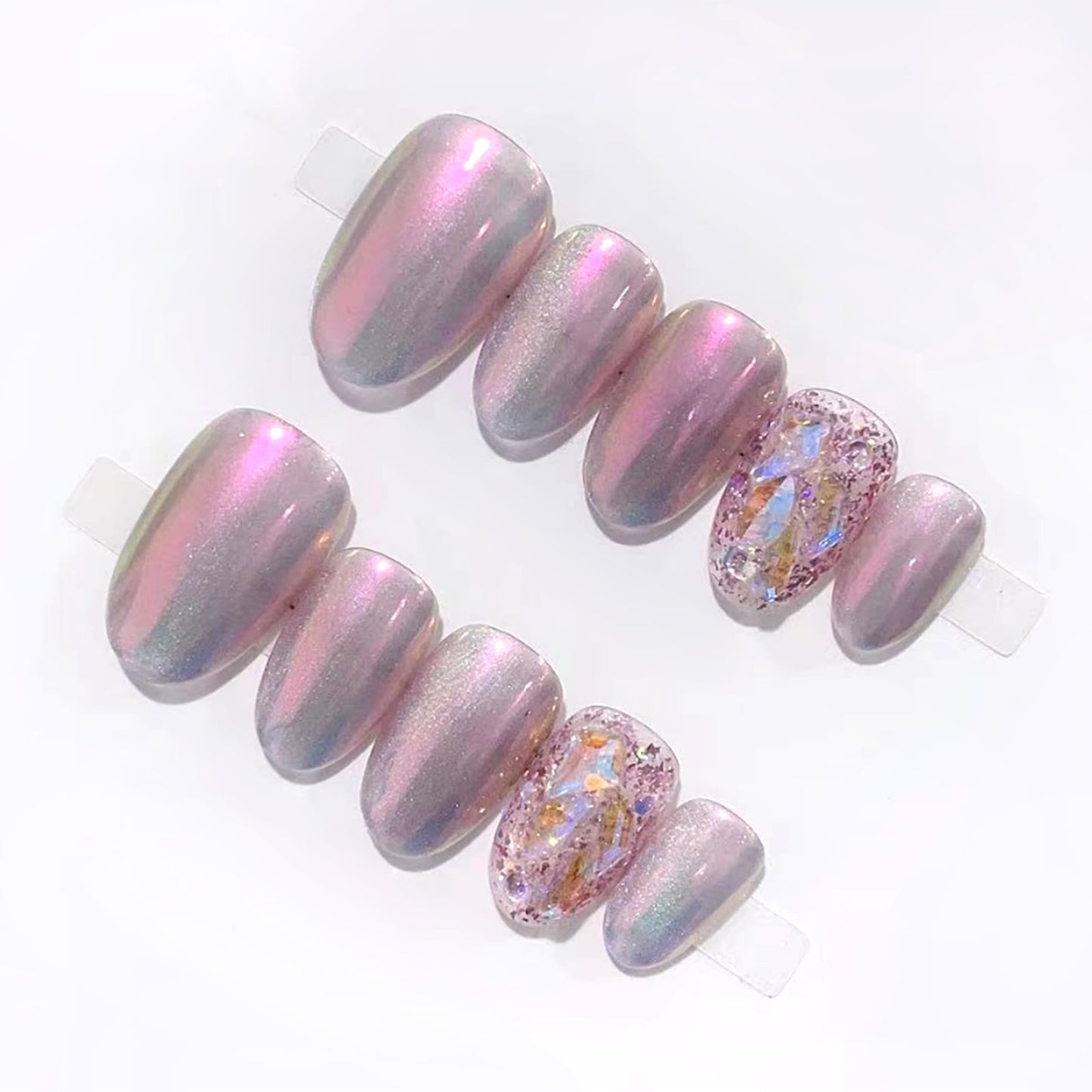 WOMHOPE Press on Nails False Nails Handmade Acrylic Nails for Women and Girls Aurora Power Rhinestone Full Cover 10pcs Almond,Coffin,Oval (Medium Oval, Large)