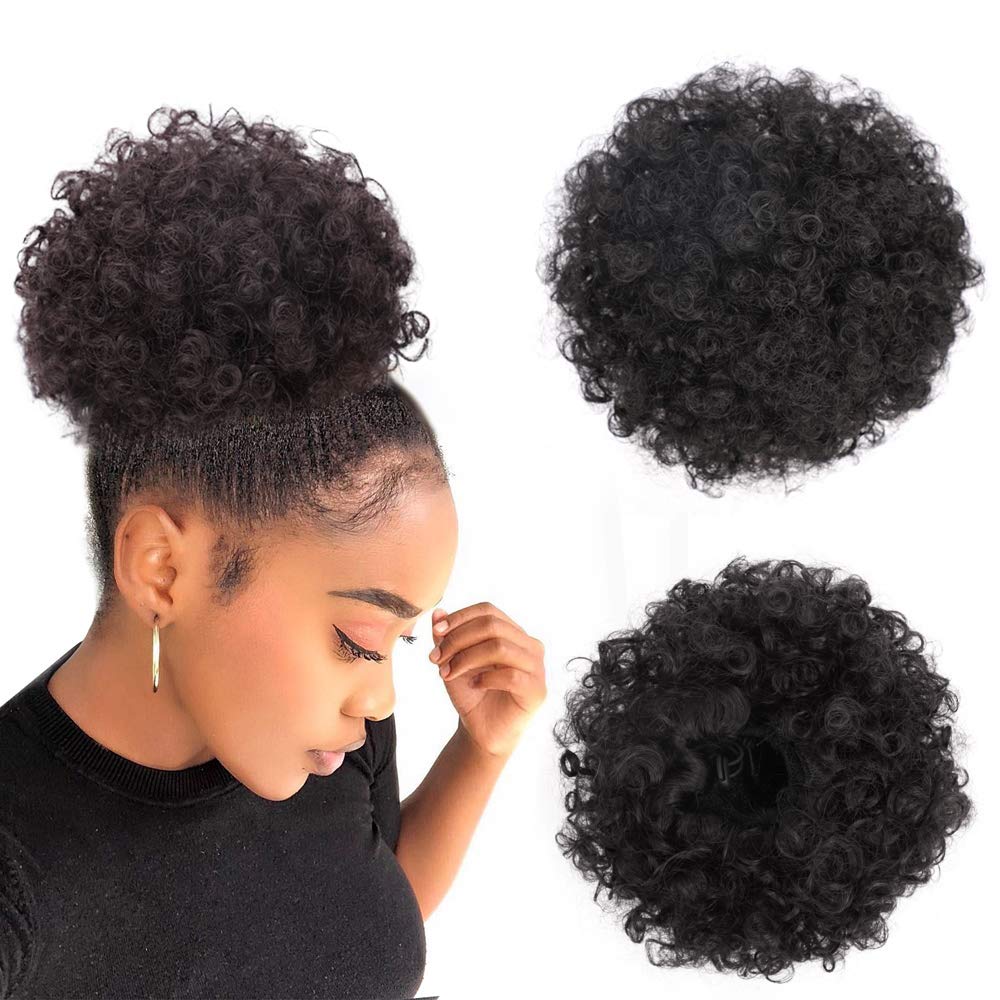 Yinmei Baibian Afro Puff Drawstring Ponytail Kinky Curly Bun Hair Synthetic Short Extensions Hairpieces Updo Hair for Black Women Girls(1B)