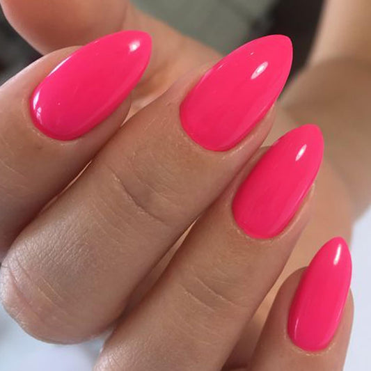 GLAMERMAID Press on Nails Short Almond, Handmade Fluorescence Hot Pink Glue on Gel Nails, Short Stiletto Acrylic False Nails Kits Reusable UV Finish Full Cover Stick on Nails for Women Girls