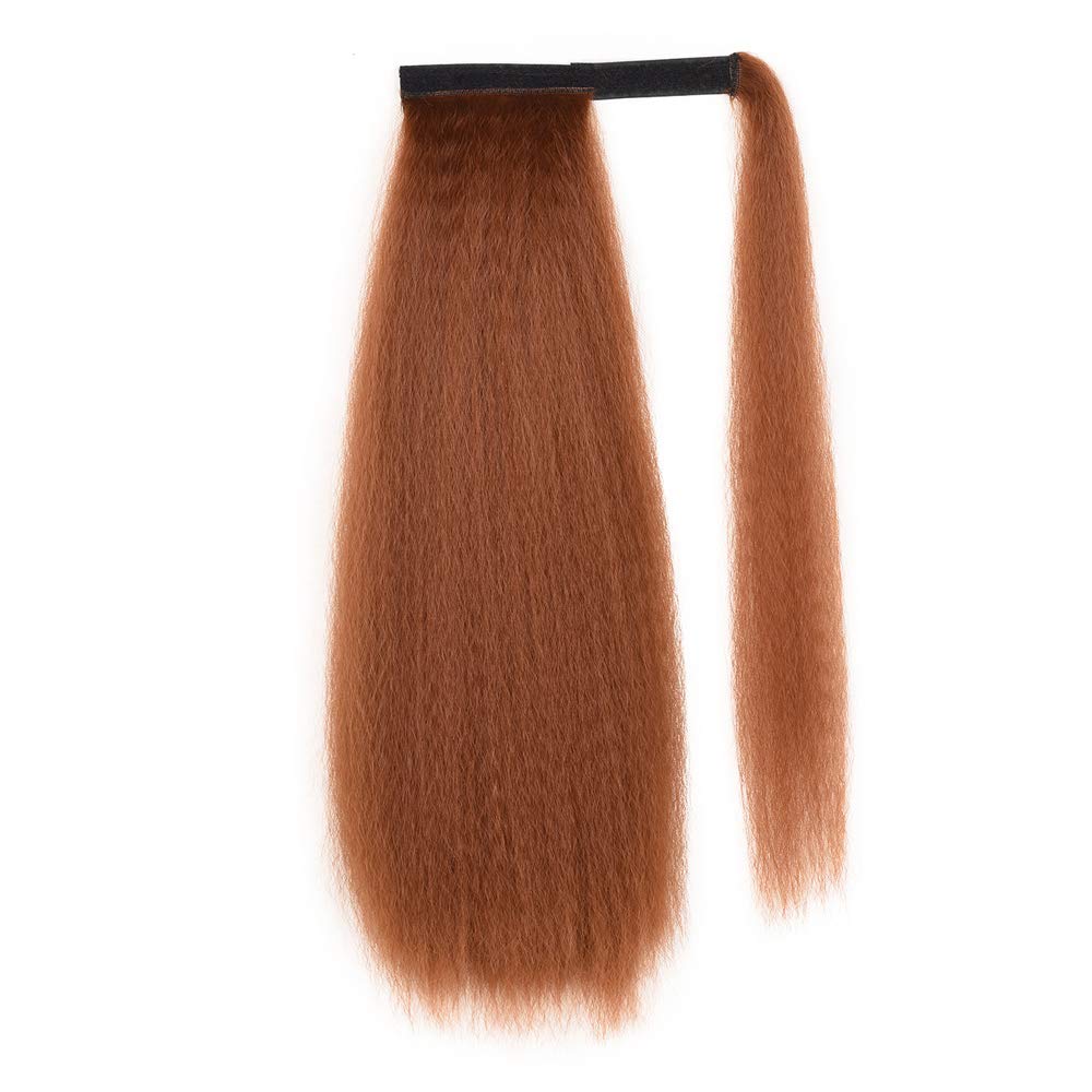 Afro Kinky Straight Ponytail Wrap Around Yaki Straight Pony Tails Extensions Clip in Ponytail Extension Magic Paste Ponytail for Black Women Girls (Black) (Auburn Brown)