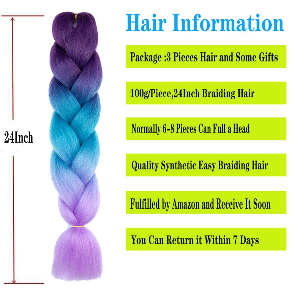 YUKAYULA 3 Packs/Lot 24'' Braiding Hair Extensions Hot Water Setting Yaki Texture Synthetic Ombre Jumbo braids hair For Women (24 Inch, Black to Red to Blue)