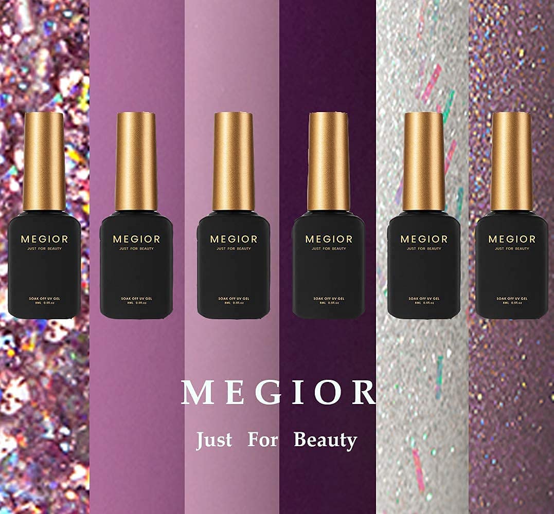 MEGIOR Gel Nail Polish 6 Colors, Purple Series Gel Polish Soak Off Kit Glitter Set, Popular Nail Art Design Holiday Beauty Gifts Set Box, DIY at Home