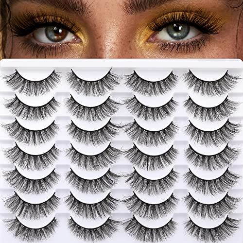 Newcally Lashes Mink Natural Look Cat Eye Wispy False Eyelashes Think Volume Long Fake Eye Lashes Pack 3D Strip Faux Mink Eyelashes 14 Pairs
